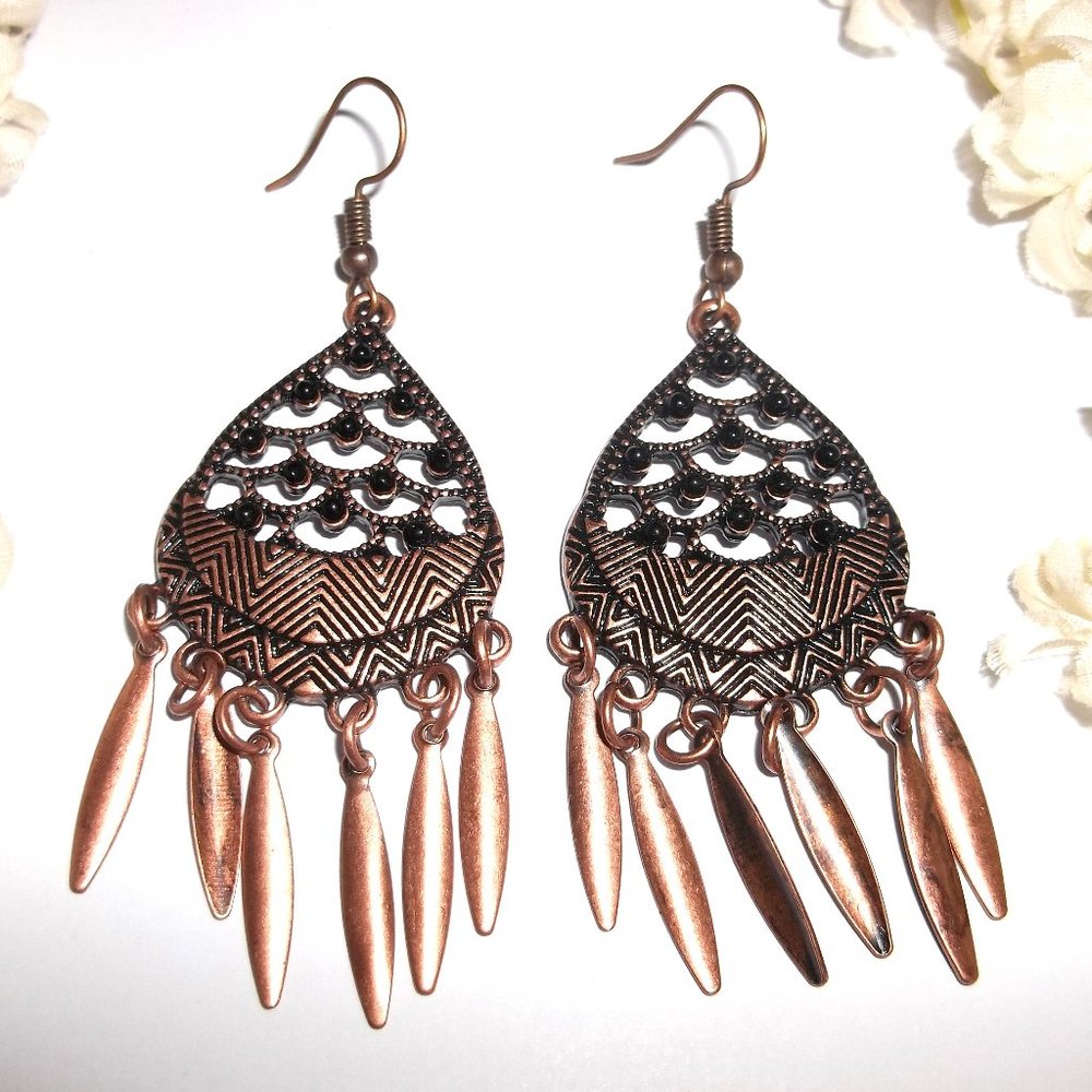 Copper Chandelier Earring Statement Dangle Drop Jewelry Boho Style Set Pair C038